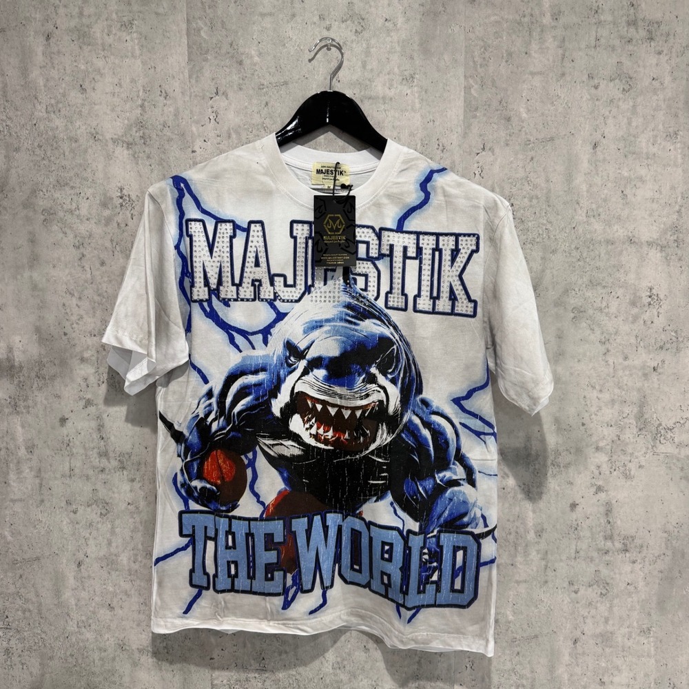 Majestik Shark The World Rhinestone Graphic T-Shirt Mens Medium White New